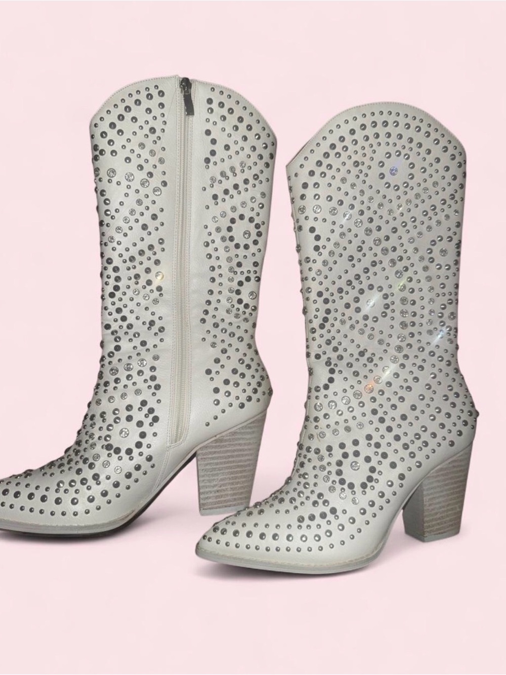 Studded Mid-Calf Block Heel Boots in white